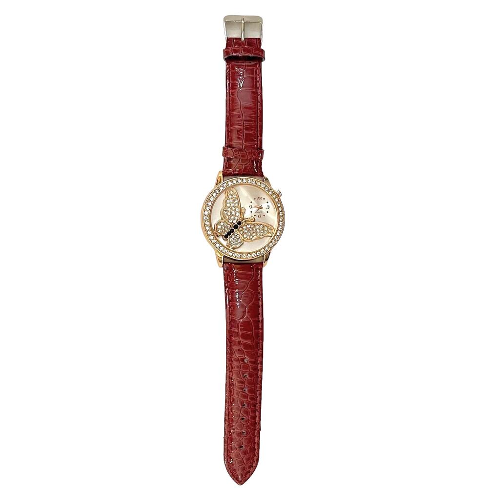 Women's RHINESTONE BUTTERFLY Watch Red Faux Leather Strap - NEW BATTERY - Picture 3 of 6